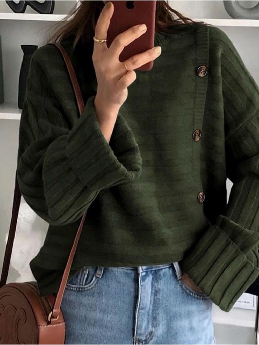 Olive Green Ribbed Button-Accent Women's Sweater - Picture 2 of 4